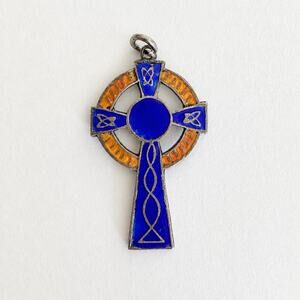 Vintage Sterling Silver Blue Orange Enamel Celtic Cross Pendant Made England 2g